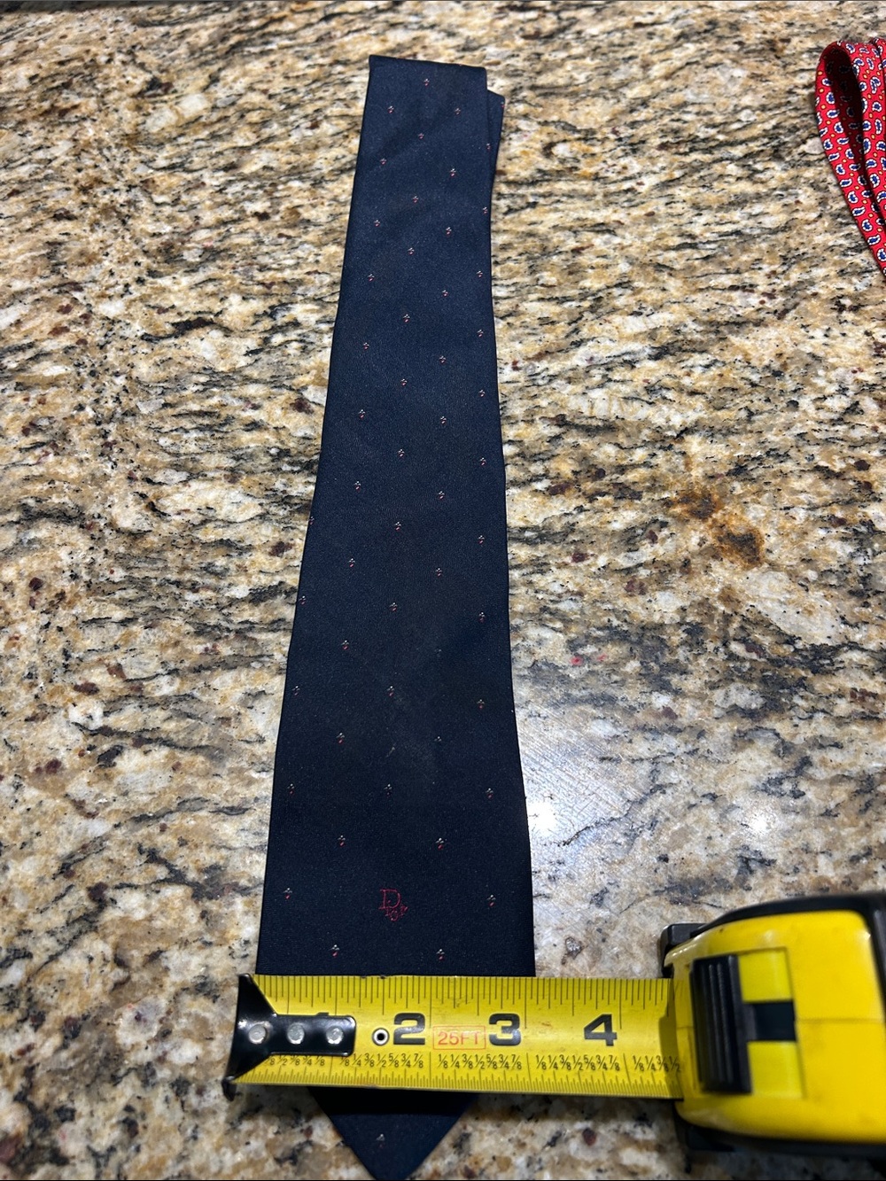 Christian Dior Navy Blue Tie with Small Red Dot Motif - Picture 2 of 5